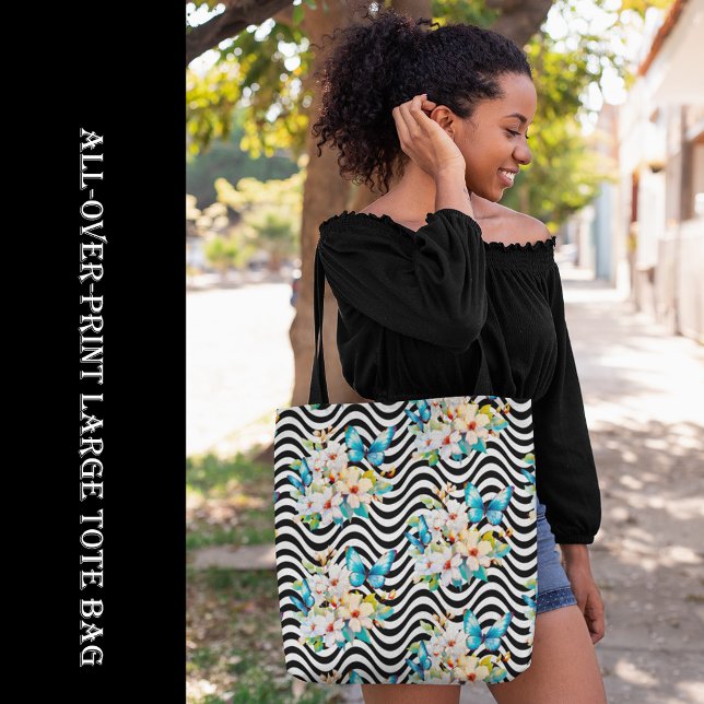 Bolso De Tela Flores Patrón de mariposa Bandas onduladas blancas (Flowers Butterfly Pattern Black White Wavy Stripes Tote Bag, blue, black & white, floral, large bag,)
