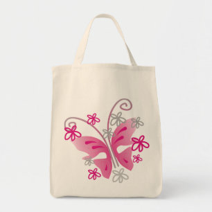 Bolso De Tela Flores plateadas de mariposa rosada