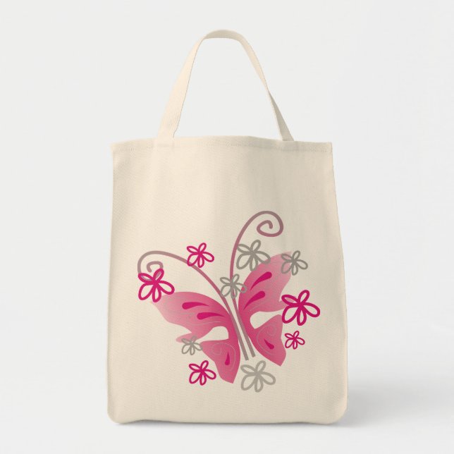 Bolso De Tela Flores plateadas de mariposa rosada (Frente)