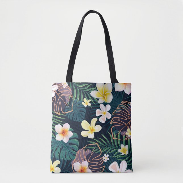 Bolso De Tela Flores plumerias de monstera tropical (Anverso)