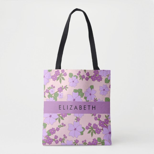 Bolso De Tela Flores Púrpura, Patrón De Flores, Tu Nombre (Anverso)