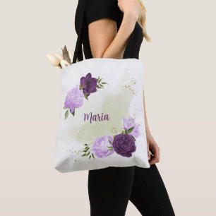 Bolso De Tela flores púrpuras hojas verdes