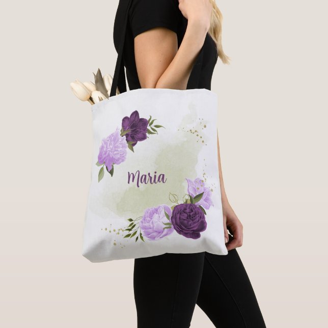 Bolso De Tela flores púrpuras hojas verdes (Detalle)