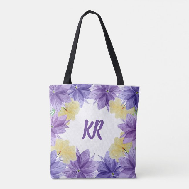 Bolso De Tela Flores púrpuras tropicales hawaianas monogramadas (Reverso)