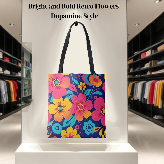 Bolso De Tela Flores retro brillantes y audaces - Estilo dopamin (Bright and Bold Retro Flowers-Dopamine Style Tote Bag)