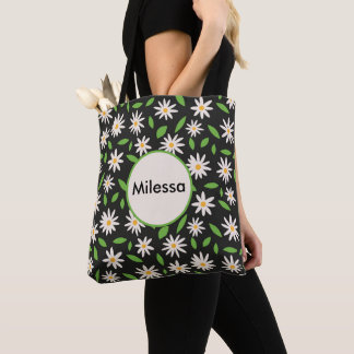 Bolso De Tela Flores Retro Daisy sobre Nombre Personalizado Negr