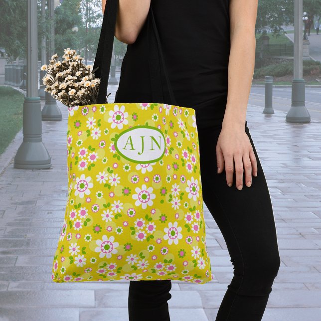 Bolso De Tela Flores Retro Mod Amarillo y Blanco Monograma (Subido por el creador)