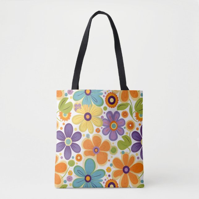 Bolso De Tela Flores retro Naranja Lilac y Verde (Anverso)