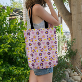 Bolso De Tela Flores retro Patrón cardíaco rosa, morado, amarill