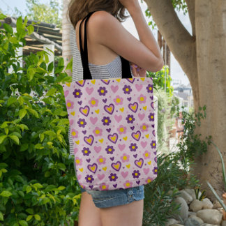 Bolso De Tela Flores retro Patrón cardíaco rosa, morado, amarill