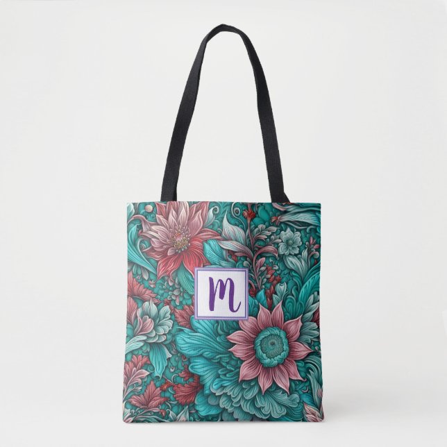 Bolso De Tela Flores rojas azul monograma (Anverso)