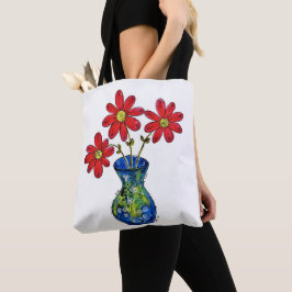 Bolso De Tela Flores rojas caprichosas en la malla azul