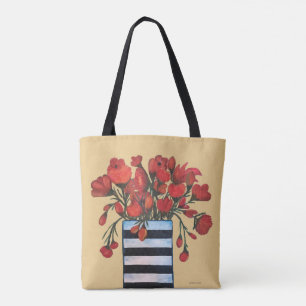 Bolso De Tela Flores rojas con Bello Artes rayado del florero