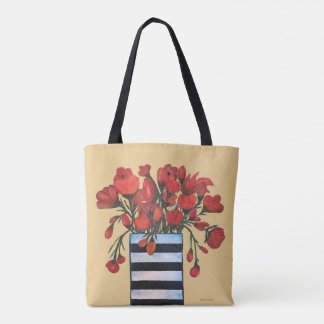 Bolso De Tela Flores rojas con Bello Artes rayado del florero