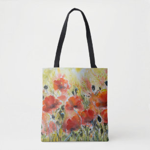 Bolso De Tela Flores rojas de amapola, acuarela suave.