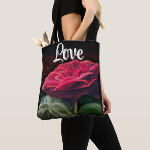 Bolso De Tela Flores rojas de flores verdes de arte negro floral