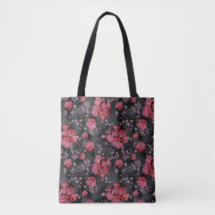 Bolso De Tela Flores rojas en un fondo negro-gris.