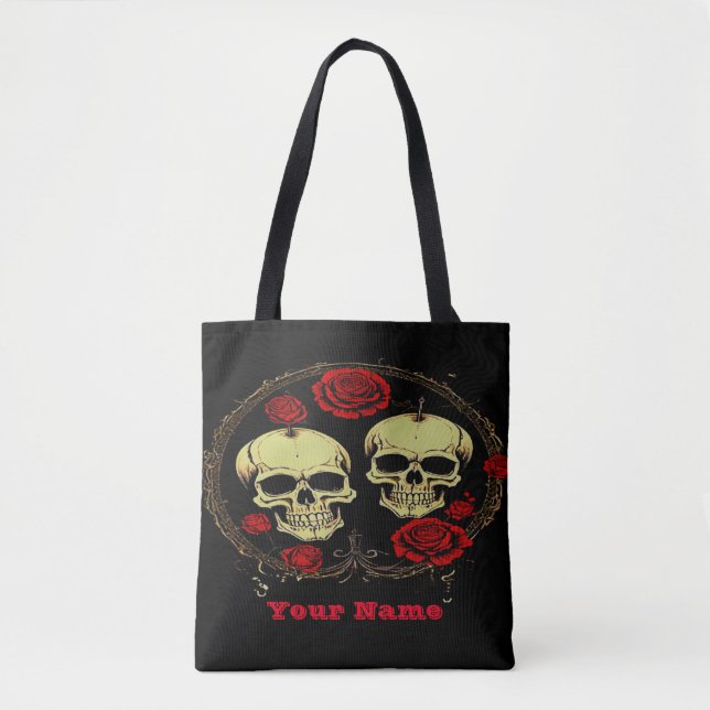 Bolso De Tela Flores rojas góticas cráneo Halloween (Anverso)