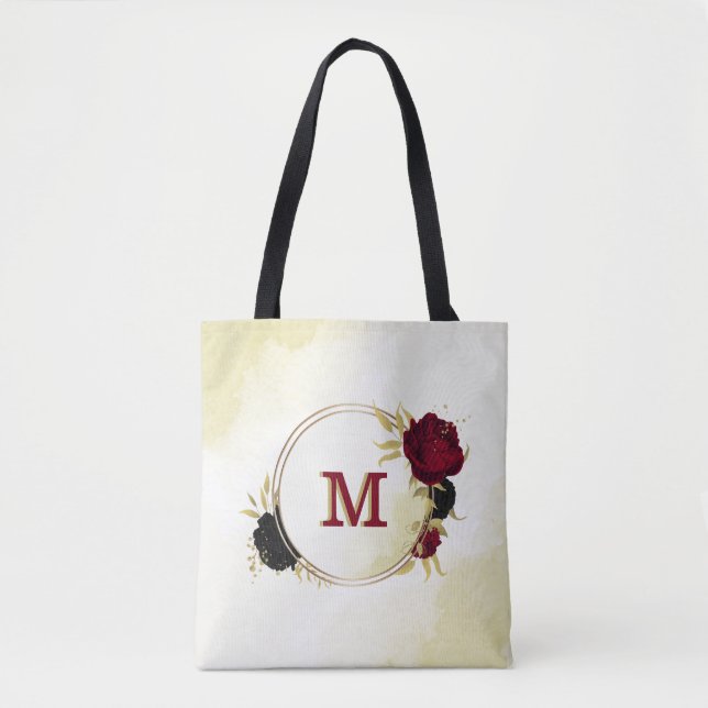 Bolso De Tela flores rojas negras hojas de oro (Anverso)