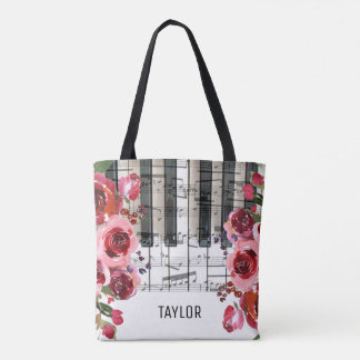 Bolso De Tela flores rojas notas musicales piano