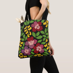 Bolso De Tela Flores rojas oscuras, púrpuras, verdes y amarillas