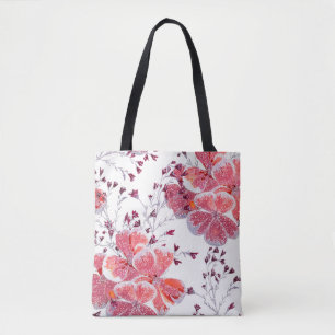 Bolso De Tela Flores rojas rosadas sobre blanco.