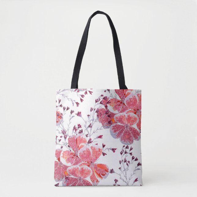 Bolso De Tela Flores rojas rosadas sobre blanco. (Anverso)