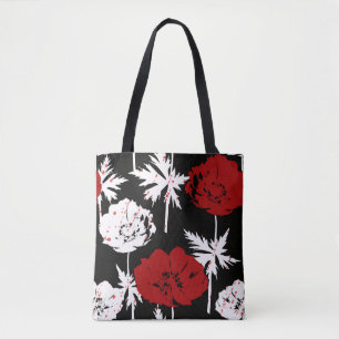 Bolso De Tela Flores rojas y blancas en negro.