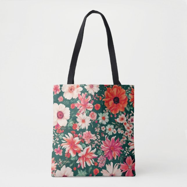 Bolso De Tela Flores rojas y blancas vibrantes (Anverso)
