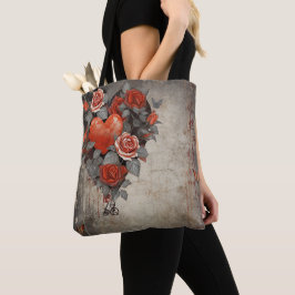 BOLSO DE TELA FLORES ROJOS DESTRUIDOS Y CORAZONES DE VALENTINA