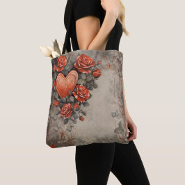 BOLSO DE TELA FLORES ROJOS DESTRUIDOS Y CORAZONES DE VALENTINA