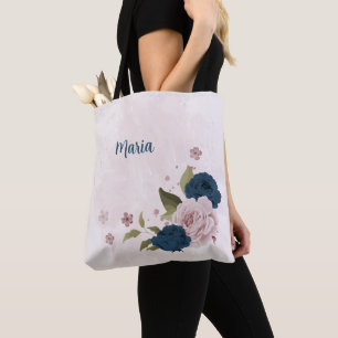 Bolso De Tela flores rosadas azul marino 