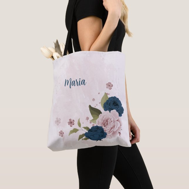 Bolso De Tela flores rosadas azul marino  (Detalle)