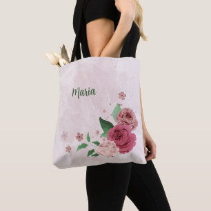 Bolso De Tela flores rosadas hojas verdes