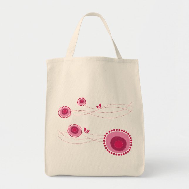 Bolso De Tela Flores rosadas punteadas y pájaros felices maletas (Frente)