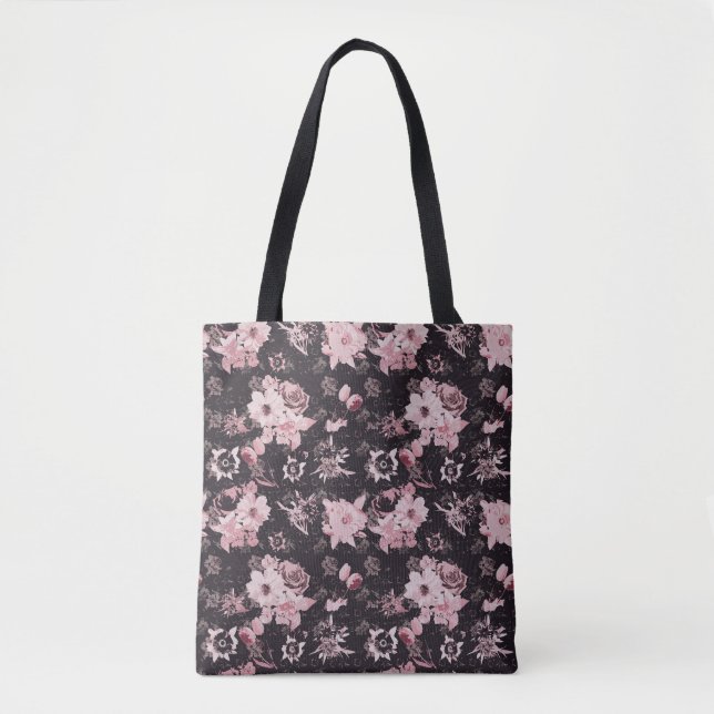 Bolso De Tela Flores rosadas sobre fondo oscuro (Anverso)
