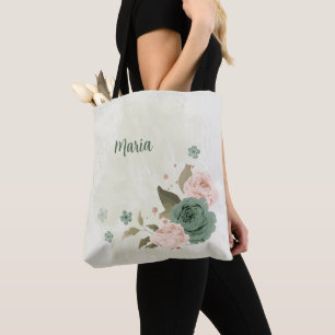 Bolso De Tela flores rosadas verdes de salvia