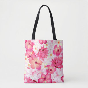 Bolso De Tela Flores rosadas y blancas tropicales