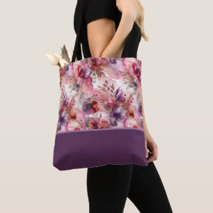 Bolso De Tela Flores rosadas y púrpuras Bloque de color de tinta