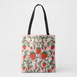 Bolso De Tela Flores rosadas y rojas Vides de fresa Lindas