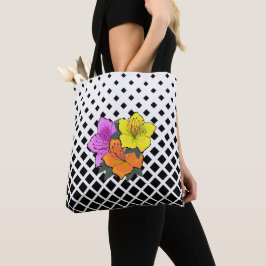 Bolso De Tela Flores rosas amarillas naranjas en gráfico blanco