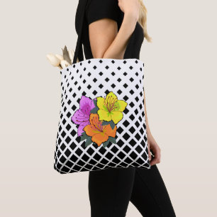 Bolso De Tela Flores rosas amarillas naranjas en gráfico blanco 