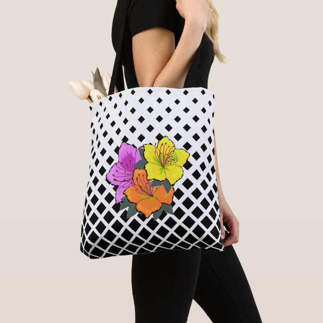 Bolso De Tela Flores rosas amarillas naranjas en gráfico blanco  (Detalle)