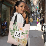 Bolso De Tela Flores rosas color de agua modernas monogramadas<br><div class="desc">Flores rosas color de agua modernas monogramadas</div>