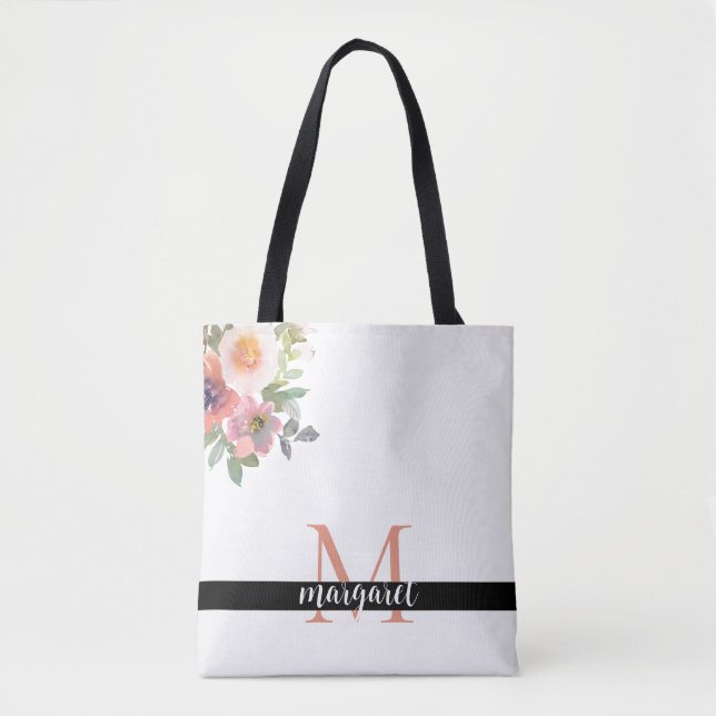 Bolso De Tela Flores rosas Monograma moderno elegante personaliz (Anverso)