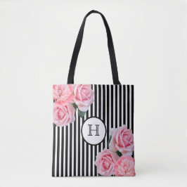 Bolso De Tela Flores rosas rayas blancas negras monograma