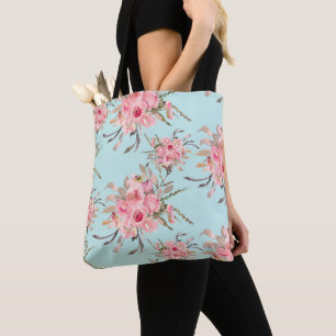 Bolso De Tela Flores rosas Rubor en azul claro