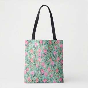 Bolso De Tela Flores rosas, verde salvia, sin costuras.