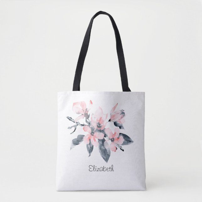 Bolso De Tela Flores rosas y grises acuarela clásica (Anverso)