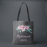 Bolso De Tela Flores rusas rosadas tiza boda dama de honor<br><div class="desc">Primavera rústica y elegante o verano boda elegante dama de honor / mochila de tote chica de flores en pizarra gris oscuro con hermosas magnolias color agua rosa con follaje de eucalipto verde menta. Personalízalo con el nombre de la dama de honor en la parte delantera y con los nombres...</div>